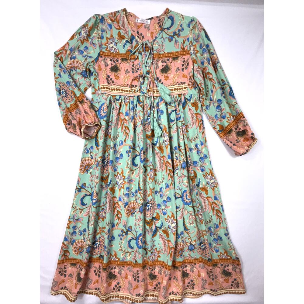 R.Vivimos sage and peach Sz 6 floral boho long-sleeve midi dress - Picture 2 of 13